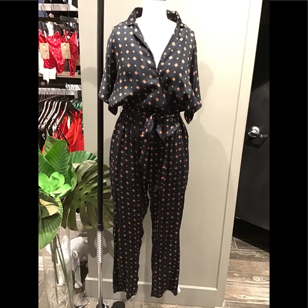 Billabong Black Jumpsuit with Small Rust & Cream Diamond Print